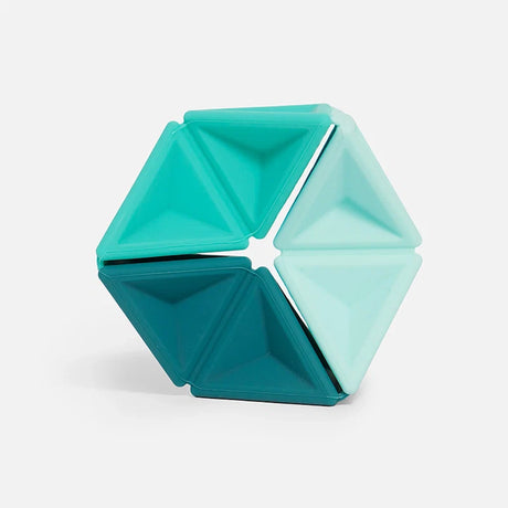 Hexagonal silicone fidget toy featuring triangular segments in three shades of teal.