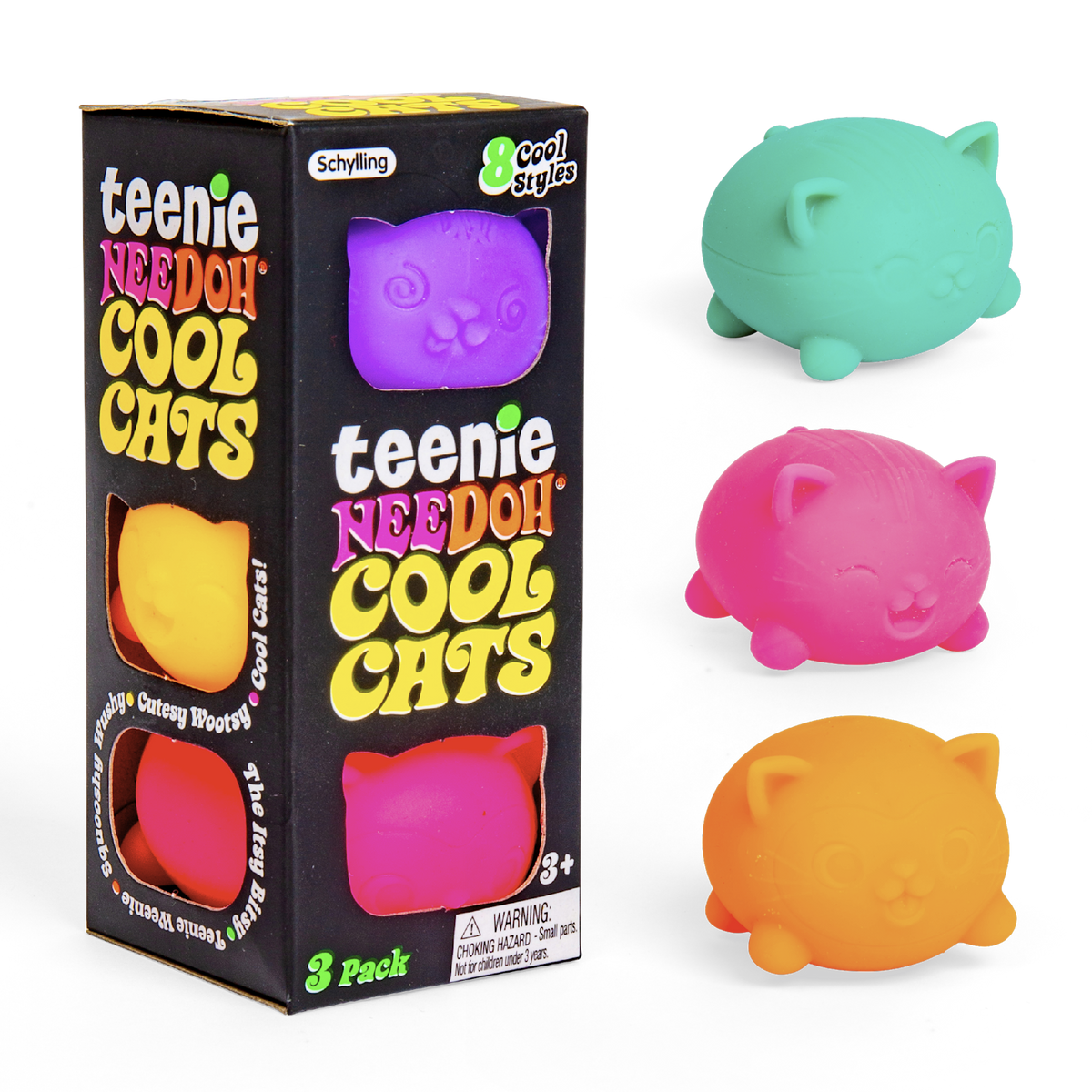Teenie NeeDoh Cool Cats 3-pack fidget toys in packaging with green, pink, and orange cat-shaped squishy stress balls.