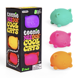 Teenie NeeDoh Cool Cats 3-pack fidget toys in packaging with green, pink, and orange cat-shaped squishy stress balls.