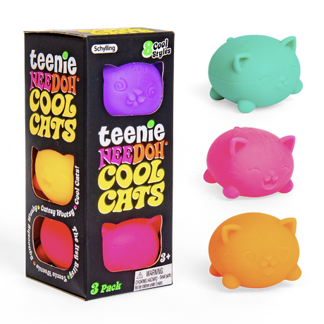 Teenie NeeDoh Cool Cats 3-pack fidget toys in packaging with green, pink, and orange cat-shaped squishy stress balls.