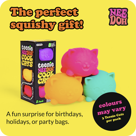 Teenie NeeDoh Cool Cats 3-pack box with pink, orange, and teal squishy cat toys on a yellow background.
