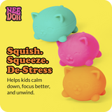 NeeDoh Teenie Cool Cats squishy toys in teal, pink, and orange. Text: Squish, Squeeze, De-Stress. Helps kids calm and focus.