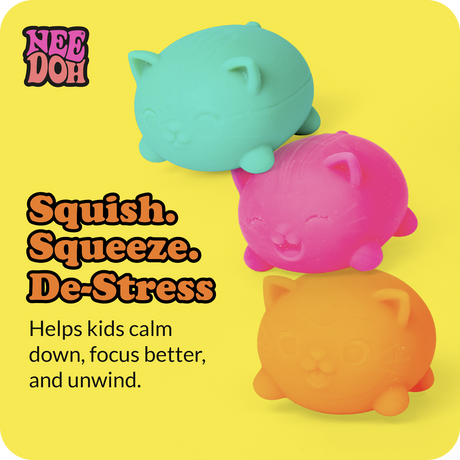 NeeDoh Teenie Cool Cats squishy toys in teal, pink, and orange. Text: Squish, Squeeze, De-Stress. Helps kids calm and focus.