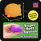 NeeDoh Teenie Cool Cat fidget toy dimensions (4.5cm) and hand squeezing a purple squishy with "Super Soft Squish" text.