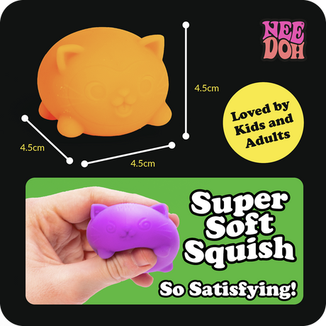 NeeDoh Teenie Cool Cat fidget toy dimensions (4.5cm) and hand squeezing a purple squishy with "Super Soft Squish" text.