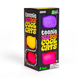 Teenie NeeDoh Cool Cats 3-pack fidget toy packaging by Schylling featuring purple, yellow, and pink cat-shaped squishies.