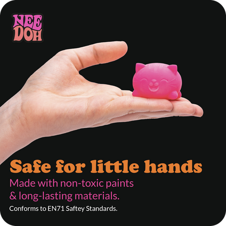 Hand holding a pink Teenie NeeDoh Cool Cat squishy toy. Text: Safe for little hands, non-toxic, EN71 safety standards.