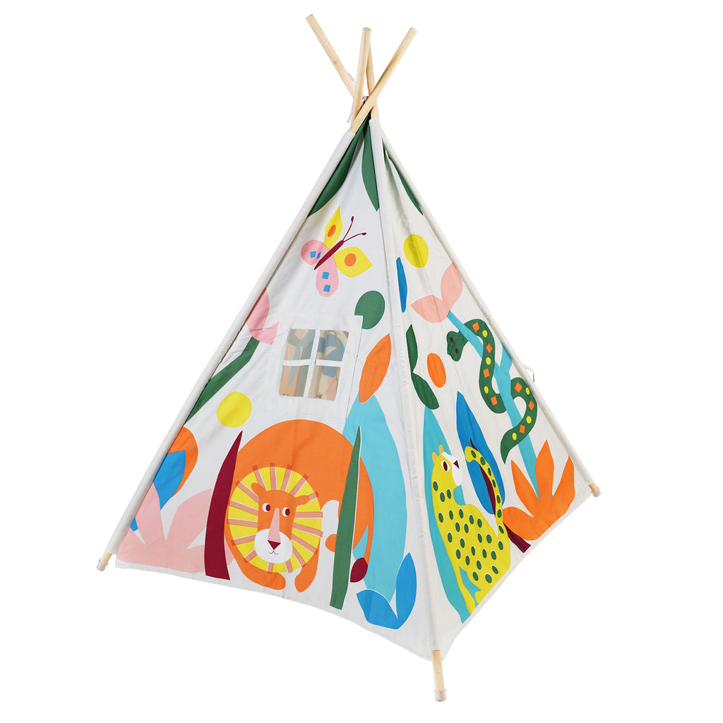 Colorful children's teepee tent featuring playful animal and nature designs.