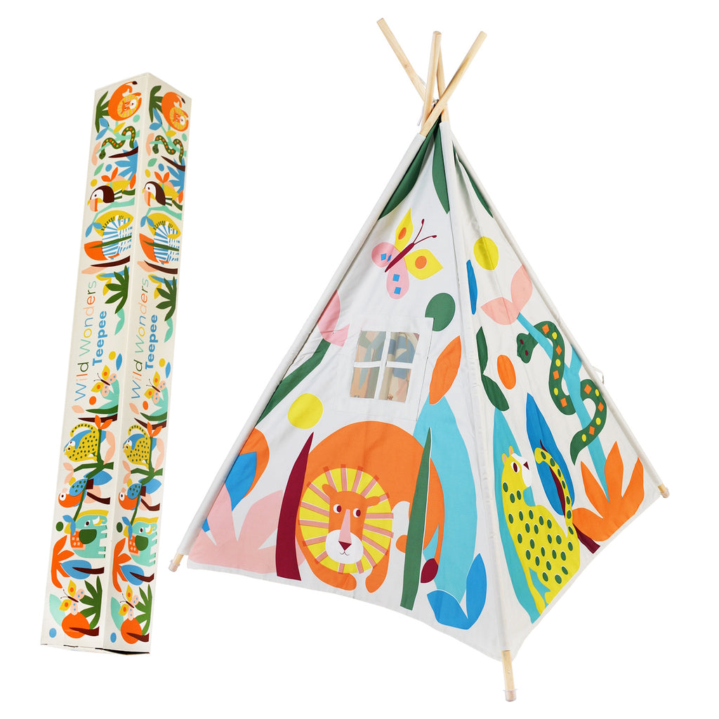 Colorful children's teepee tent featuring playful animal and nature designs, alongside a matching storage box.