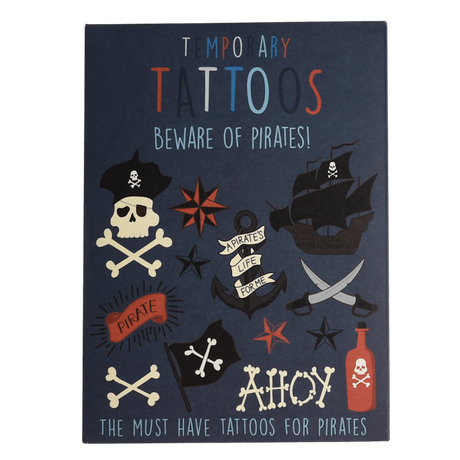 "Beware of Pirates!" temporary tattoos packaging envelope featuring pirate-themed illustrations.