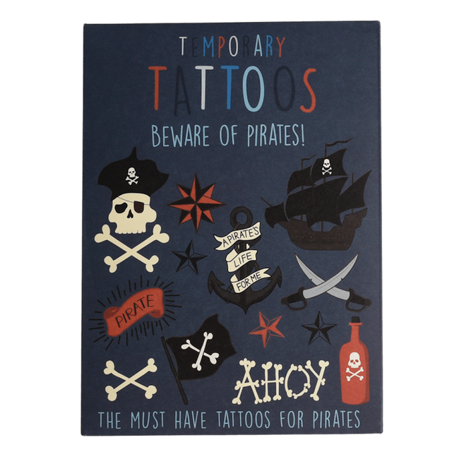 "Beware of Pirates!" temporary tattoos packaging envelope featuring pirate-themed illustrations.