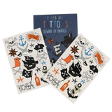 "Beware of Pirates!" temporary tattoo set featuring sheets of pirate ships, skulls, and anchors.
