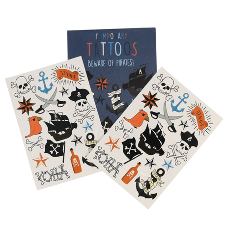 "Beware of Pirates!" temporary tattoo set featuring sheets of pirate ships, skulls, and anchors.