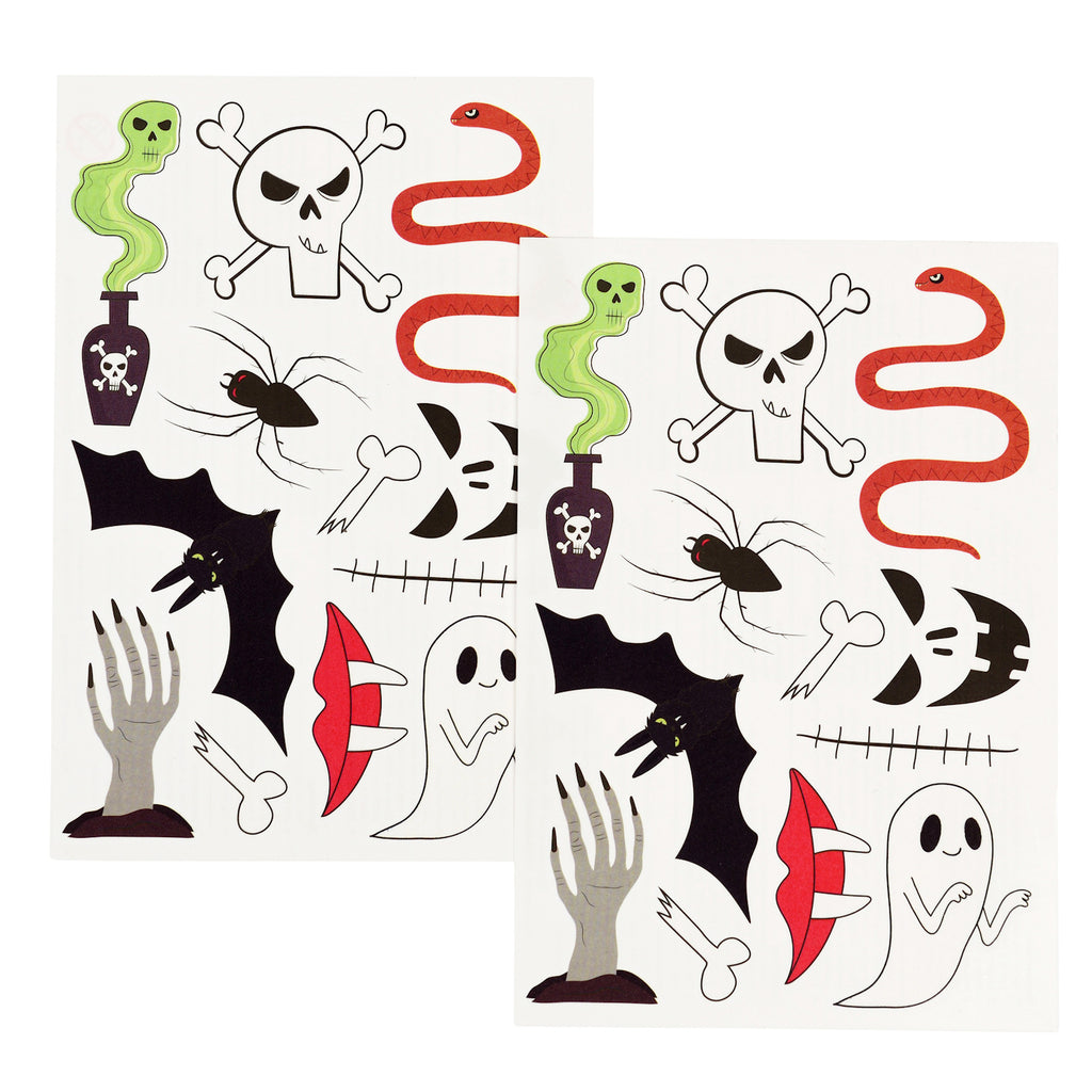 Sticker sheets featuring Halloween-themed designs: skulls with crossed bones, red snakes, ghostly hands, bats, spiders, potion bottles, and ghosts.