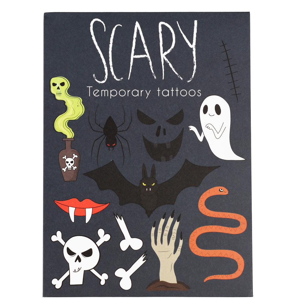 A collection of Halloween-themed temporary tattoos displayed on a dark background. It features a ghost, bat, skull, spider, snake, and other spooky elements.