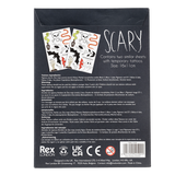Back of black packaging for Scary temporary tattoos with product details and safety warnings.