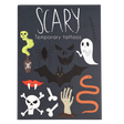Front of Scary temporary tattoos black packaging with spooky illustrations of a ghost, bat, and skull.