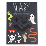 Front of Scary temporary tattoos black packaging with spooky illustrations of a ghost, bat, and skull.