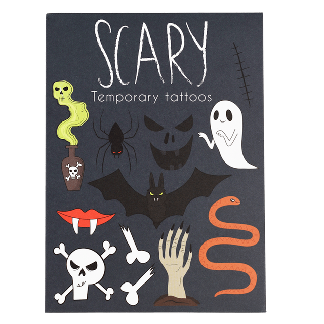 Front of Scary temporary tattoos black packaging with spooky illustrations of a ghost, bat, and skull.