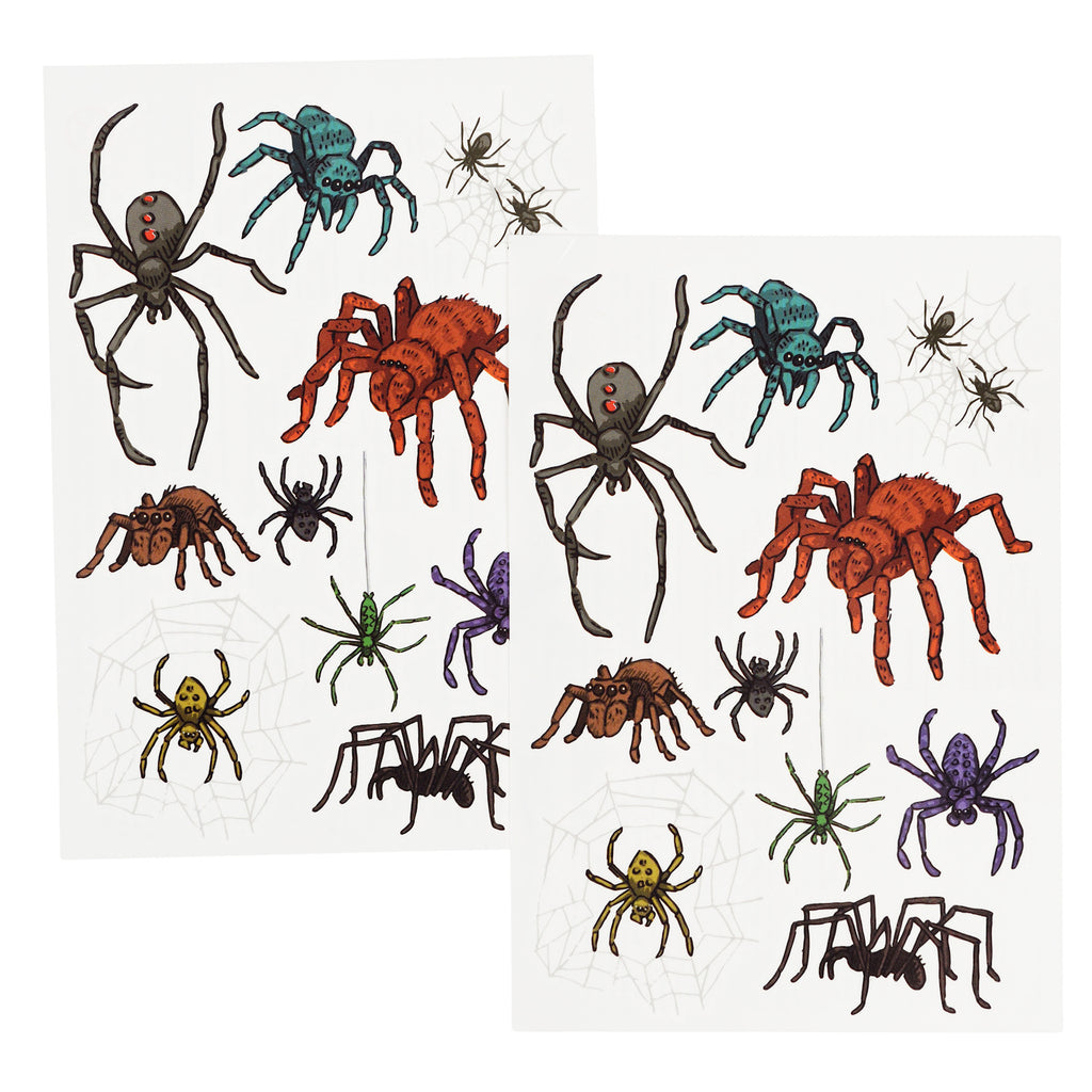 Stickers of various colorful spiders, including red, blue, and green, alongside spiderwebs. The tone is playful and slightly spooky.