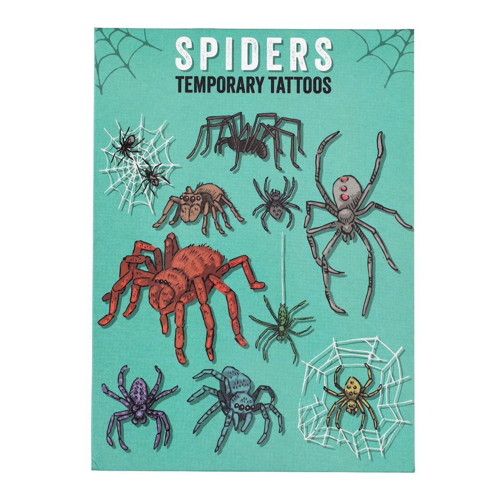 The image displays a set of colorful spider temporary tattoos on a teal background. Various spiders and webs are shown, with bold text reading "Spiders Temporary Tattoos."