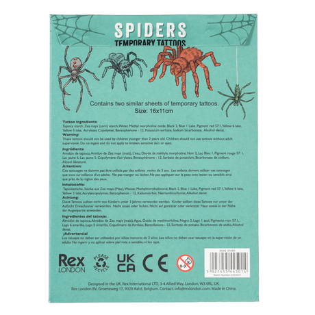 Back packaging view for spider temporary tattoos, including ingredients list and safety details.