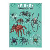 Front cover of a teal packaging card for spider temporary tattoos showcasing various detailed spider designs and cobwebs.