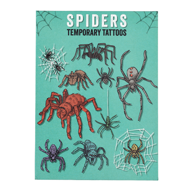 Front cover of a teal packaging card for spider temporary tattoos showcasing various detailed spider designs and cobwebs.