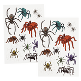 Two sheets of realistic temporary tattoos featuring colorful spider and web designs.