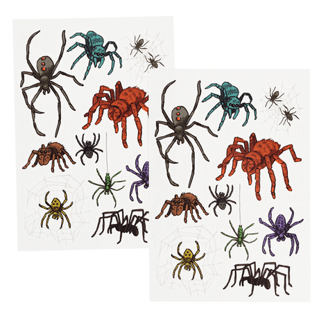 Two sheets of realistic temporary tattoos featuring colorful spider and web designs.