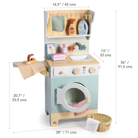 Wooden play laundrette set with product dimensions labeled in inches and centimeters.