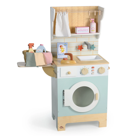 Wooden play laundrette set featuring a wooden iron, clothes line, and cleaning supplies.