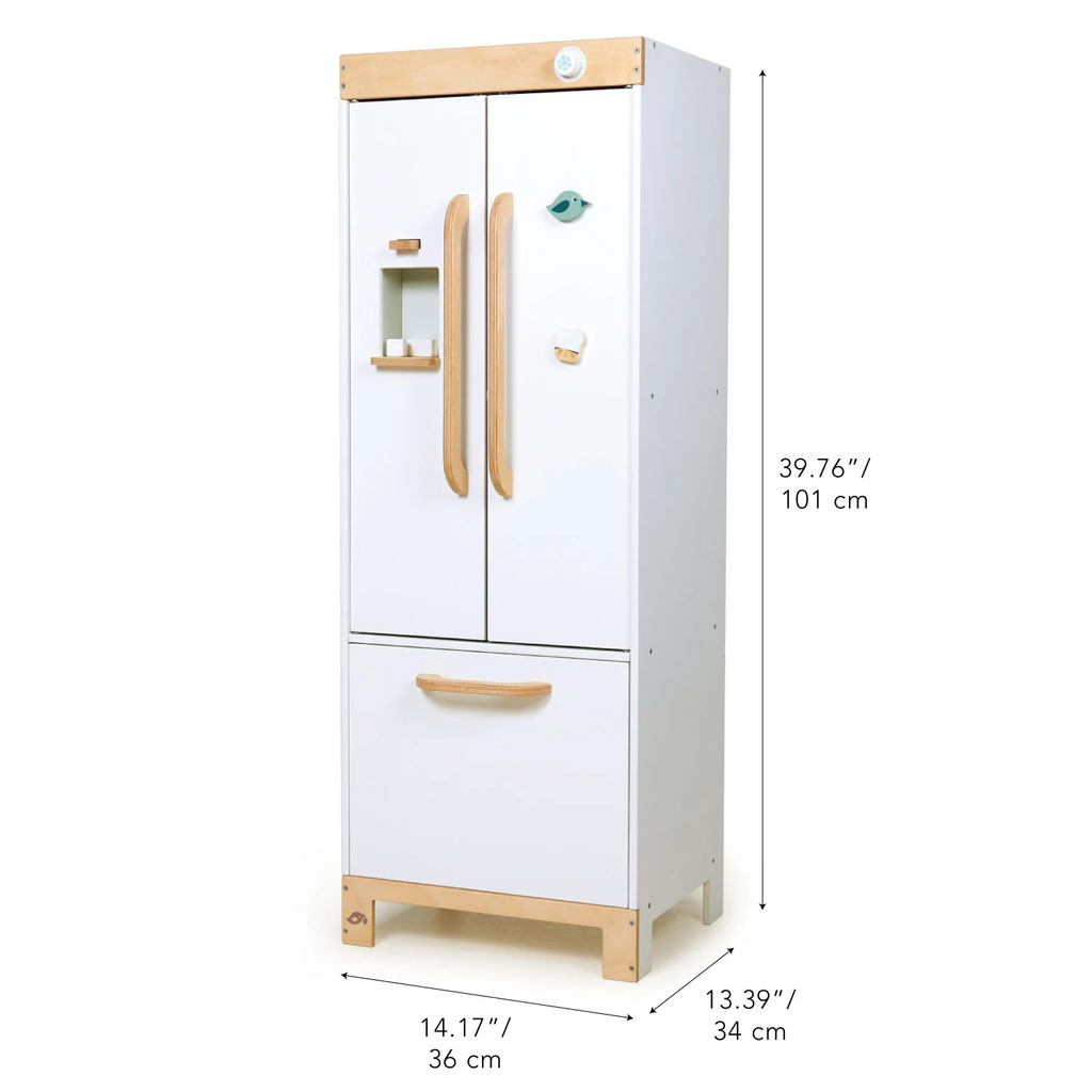 A wooden play set with a retro-style fridge design, opening doors, and shelves stocked with toy food items—perfect for imaginative kitchen play.