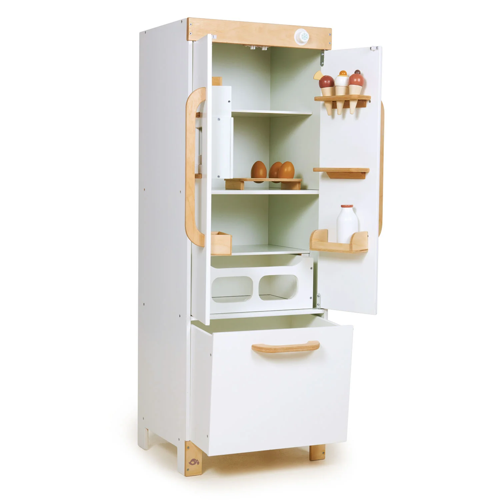 A wooden play set with a retro-style fridge design, opening doors, and shelves stocked with toy food items—perfect for imaginative kitchen play.