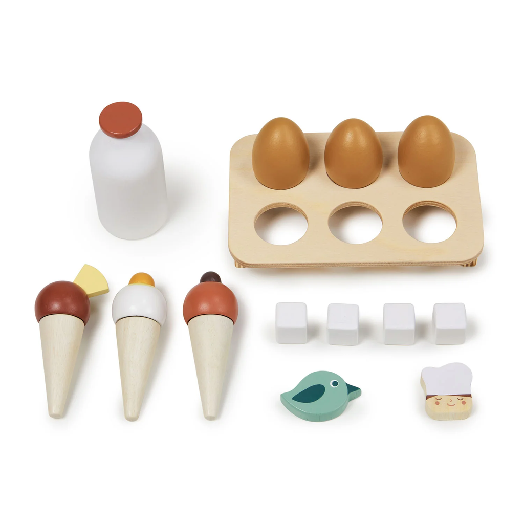 A wooden play set with a retro-style fridge design, opening doors, and shelves stocked with toy food items—perfect for imaginative kitchen play.