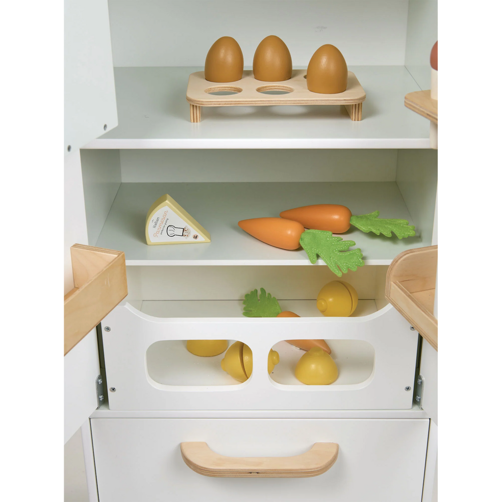 A wooden play set with a retro-style fridge design, opening doors, and shelves stocked with toy food items—perfect for imaginative kitchen play.