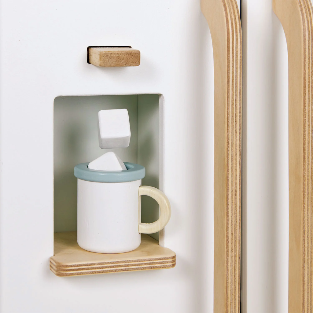A wooden play set with a retro-style fridge design, opening doors, and shelves stocked with toy food items—perfect for imaginative kitchen play.