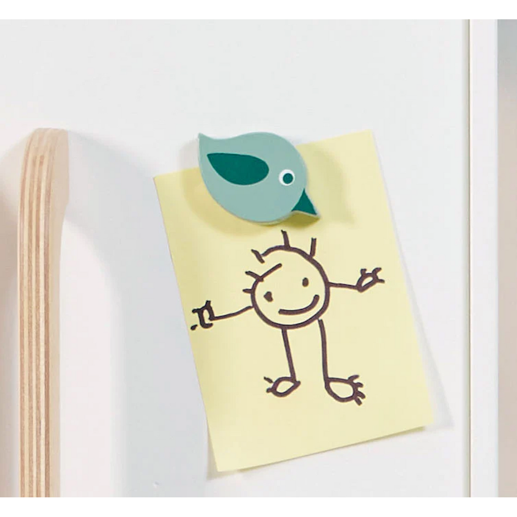 A wooden play set with a retro-style fridge design, opening doors, and shelves stocked with toy food items—perfect for imaginative kitchen play.