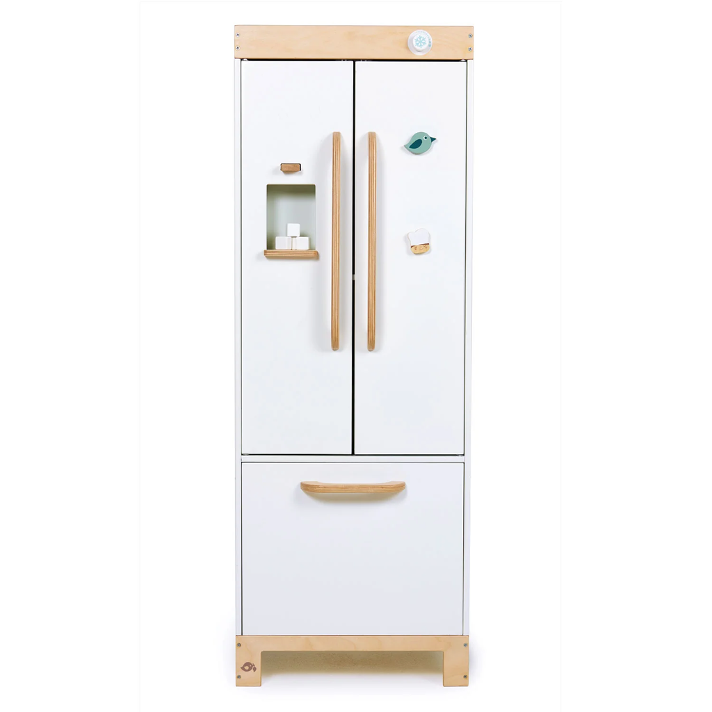 A wooden play set with a retro-style fridge design, opening doors, and shelves stocked with toy food items—perfect for imaginative kitchen play.