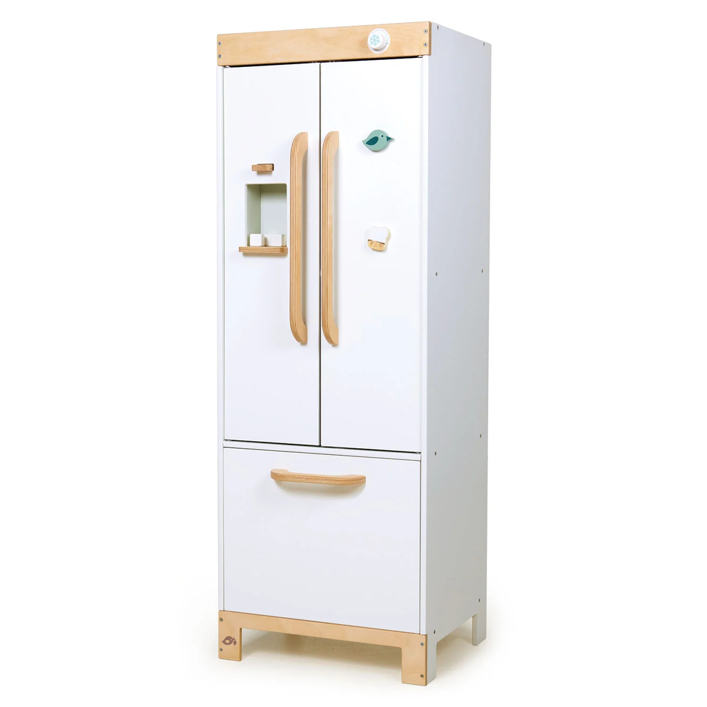 A wooden play set with a retro-style fridge design, opening doors, and shelves stocked with toy food items—perfect for imaginative kitchen play.