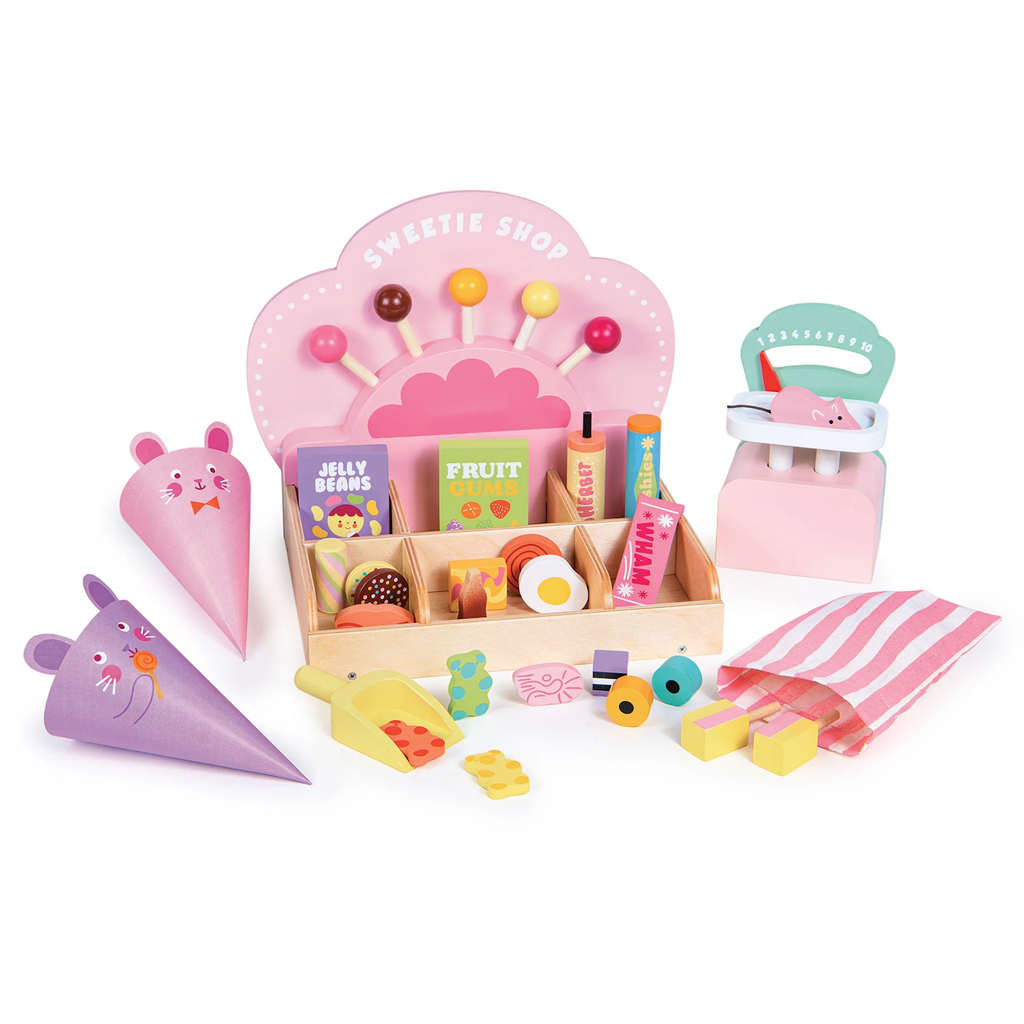 A wooden play set featuring a colorful sweet shop with jars of pretend candies, scoops, and accessories for imaginative role-playing.