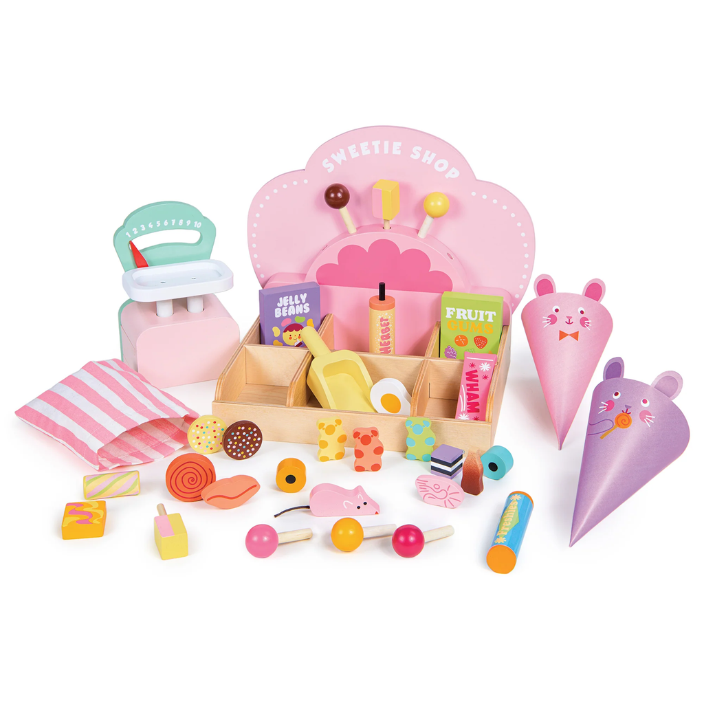 A wooden play set featuring a colorful sweet shop with jars of pretend candies, scoops, and accessories for imaginative role-playing.