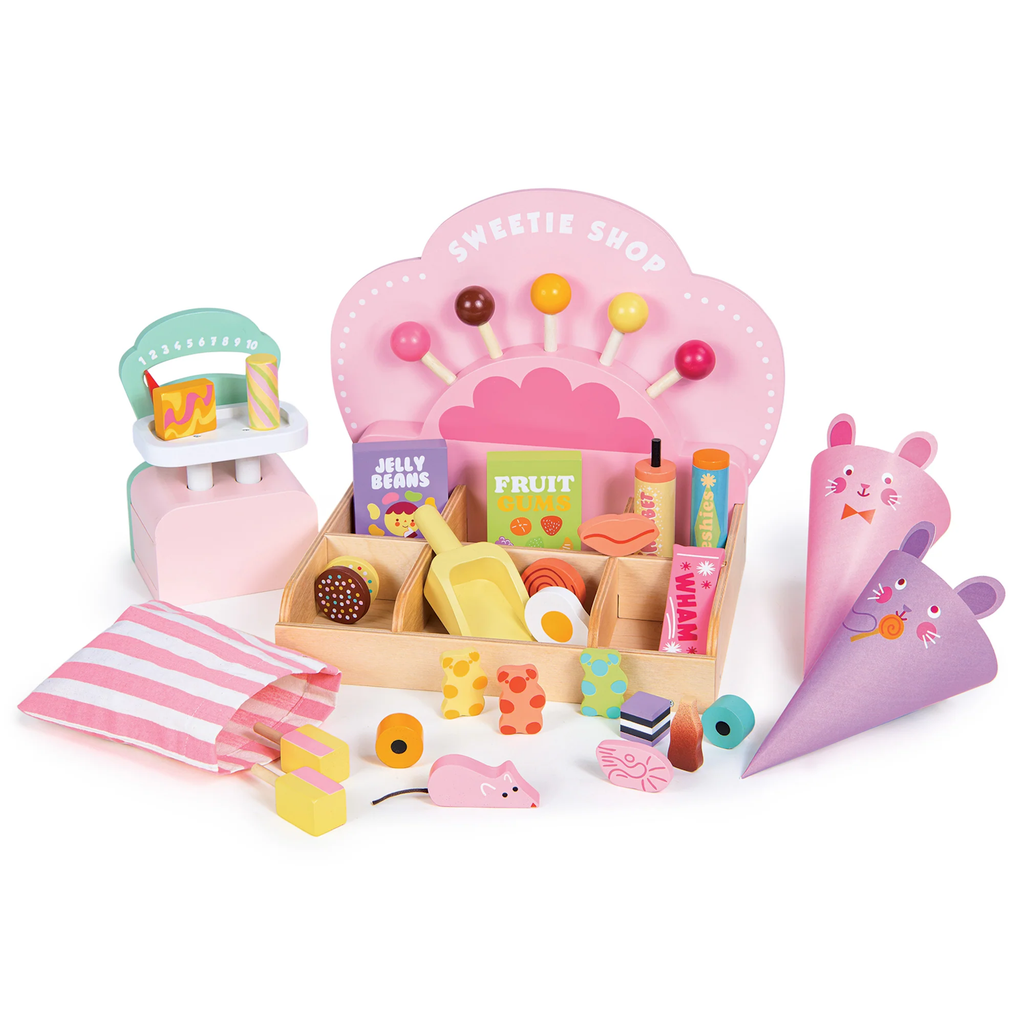 A wooden play set featuring a colorful sweet shop with jars of pretend candies, scoops, and accessories for imaginative role-playing.