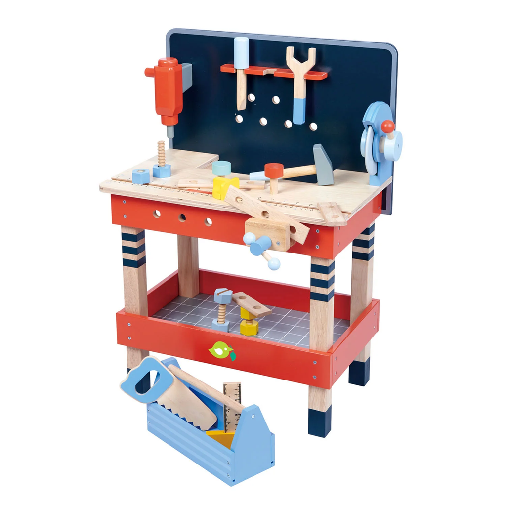 A wooden play set featuring a child-sized workbench with toy tools, nuts, bolts, and building accessories for creative, hands-on role play.