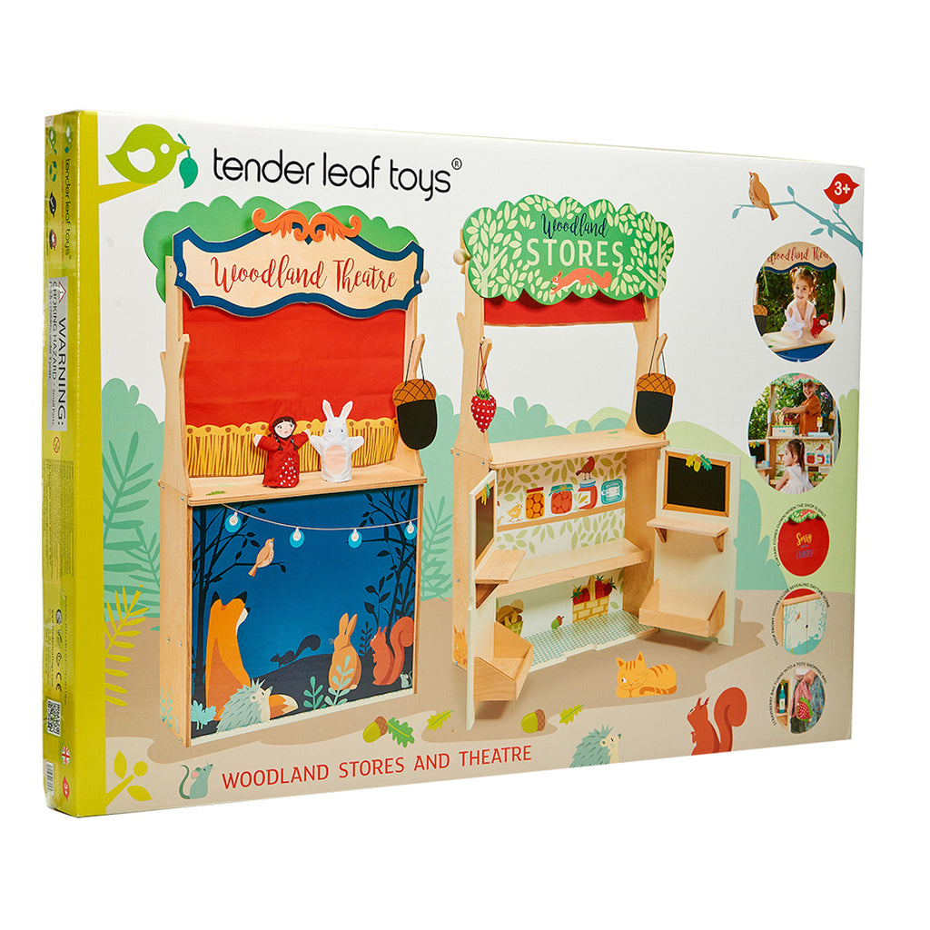 Toy packaging for "Woodland Stores and Theatre" by Tender Leaf Toys. Features illustrations of a puppet theatre and store, with nature motifs and woodland animals.