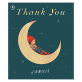 Book cover for "Thank You" by Jarvis, featuring a child in a red hat sleeping on a crescent moon in a starry night sky.