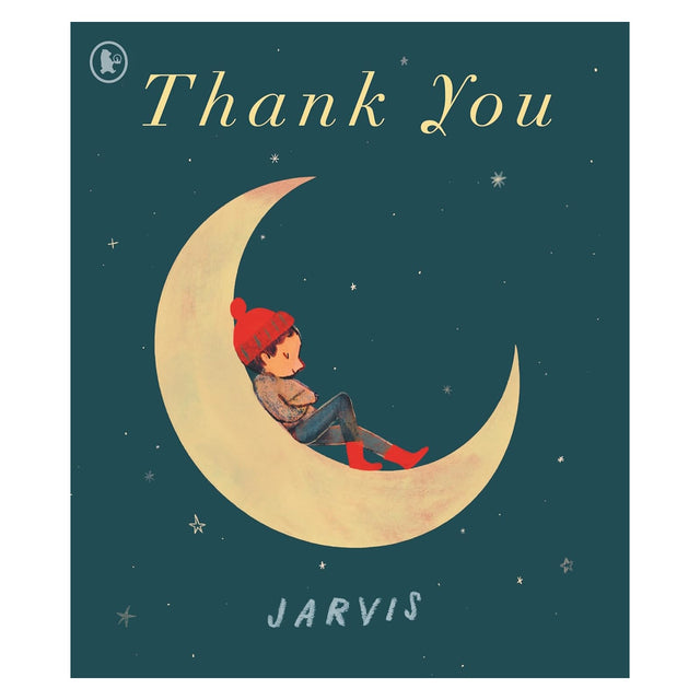 Book cover for "Thank You" by Jarvis, featuring a child in a red hat sleeping on a crescent moon in a starry night sky.