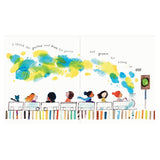 Colorful children's book illustration of diverse kids on a toy train with yellow, blue, and green watercolor steam clouds.