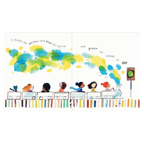 Colorful children's book illustration of diverse kids on a toy train with yellow, blue, and green watercolor steam clouds.