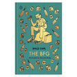 The BFG book cover with gold illustrations of a giant and jars on a teal background.